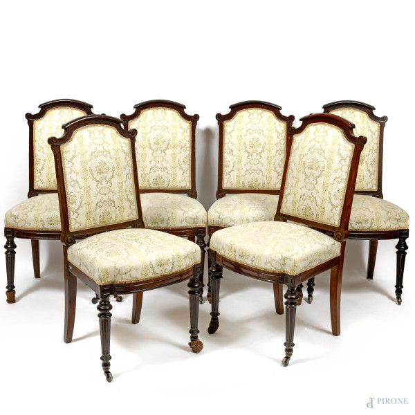 Sei sedie con struttura in legno. Seduta e schienale in tessuto con decori, XX secolo, cm 89x43x42,5, (difetti)