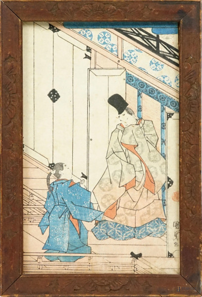 Interno con figura in ginocchio, stampa  a colori, cm 24x15, Giappone, XIX secolo, (difetti).
