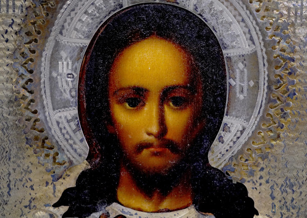 Icona Russa raffigurante cristo benedicente, con riza in argento, XX secolo, cm 22,5x18, (difetti...
