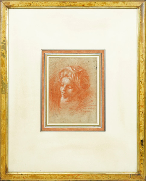 Studio di volto femminile, sanguigna su carta, XX secolo, siglato, timbro a tergo, cm 23,8x17,9, entro cornice