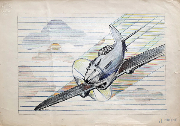 Aeropittore del Novecento, Aereo in picchiata, tecnica mista su carta, cm 35x24, firmato B. Salvi