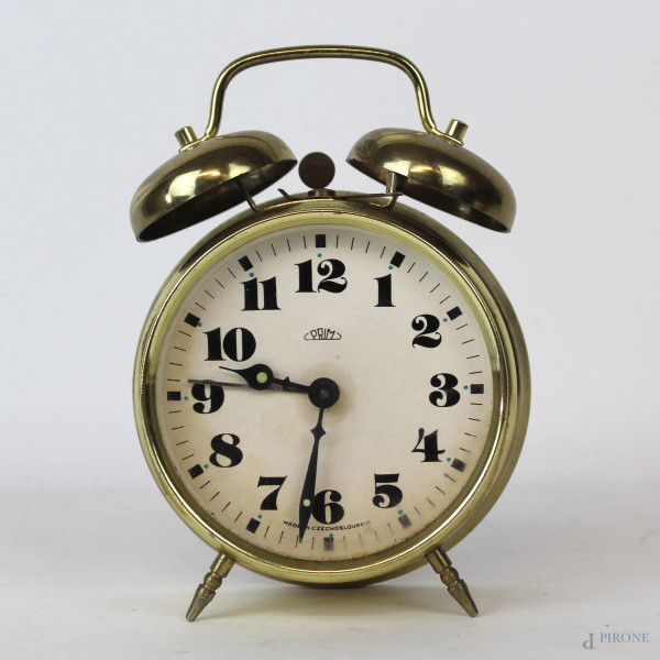 Orologio sveglia vintage in metallo, altezza cm 15