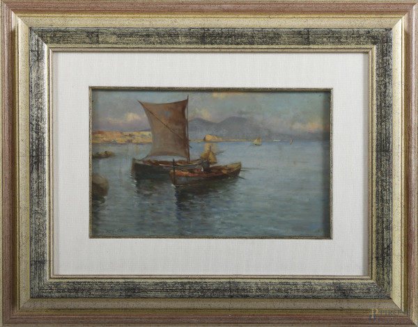 Marina con barche, XX secolo, olio su cartone, cm 22x35, firmato in basso a sinistra, entro cornice, (segni di usura, lievi abrasioni)