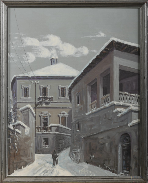 Strada innevata con figura, XX secolo, tecnica mista su faesite, cm 45x35, firmato e datato in basso, entro cornice