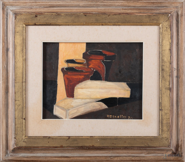 Natura morta con vasi, XX secolo, olio su tela, cm 35x45, firmato e datato in basso a destra, entro cornice, (segni di usura)