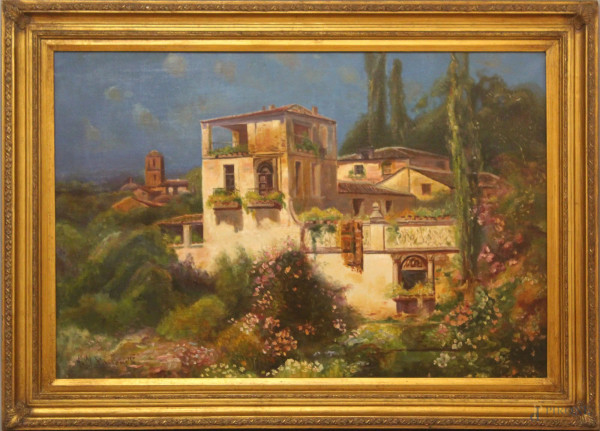 Paesaggio con villa, olio su tela, 60x90 cm, firmato A.M. Simonetti, entro cornice.