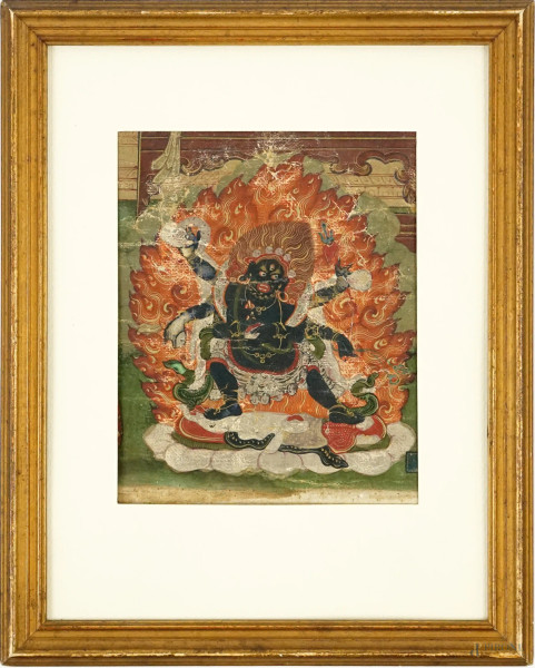 Mahkala danzante, tempera su tela, cm 13,5x10, arte tibetana, XX secolo, entro cornice.