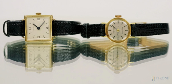 Tissot e Union, lotto di due orologi da polso da donna, casse in oro giallo 18 KT e oro basso, cinturini in pelle nera, lunghezza max cm 21, (difetti, meccanismi da revisionare).