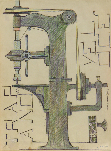 Disegno futurista raffigurante trapano veloce, tecnica mista su carta, cm 15x21, firmato