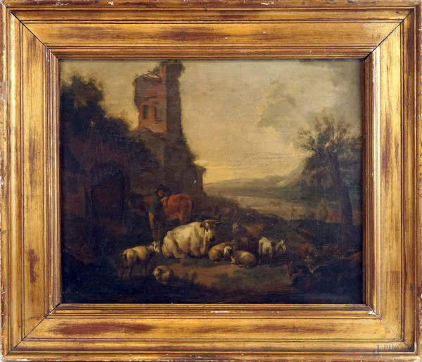 Pittore del XVIII secolo, Paesaggio con pastore e armenti, olio su tela, cm 36,5x44,5, entro cornice.