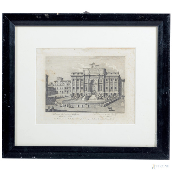 Pietro Parboni (1783-1841), "Fontana dell'acqua Vergine detta di Trevi", acquaforte e bulino,  cm 29,5x35 compreso passepartout, entro cornice, (foxing, tracce di umidità)