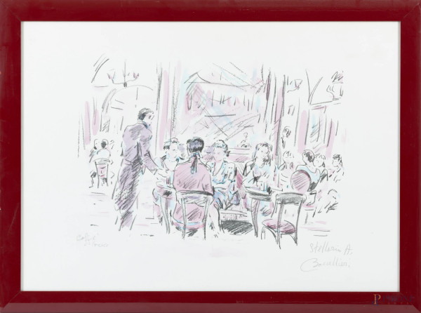 Stellario Baccellieri, Caffè Greco, litografia, titolato a grafite in basso a destra, firmato a grafite in basso a sinistra, cm 49x70, entro cornice