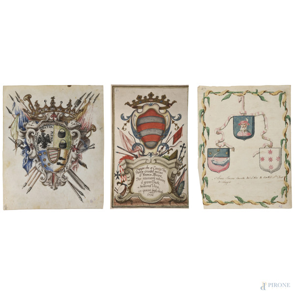 Lotto di tre composizioni araldiche a tecnica mista su carta, XIX-XX secolo, misure massime cm 40x25, (segni di usura, difetti, piegature, tracce di umidità)