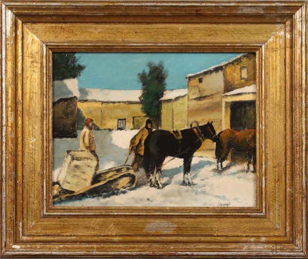Paesaggio invernale con slitta e figure, olio su tavola, cm. 24x30,5, entro cornice.