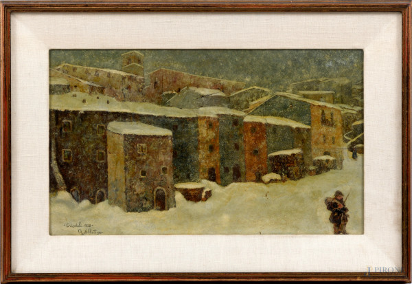 Ovindoli, olio su tavola, cm 31,5x52, entro cornice, firmato e datato in basso a sinistra "G. Sabbatino, Ovindoli 1928", (difetti)