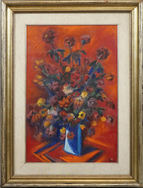 Vaso con fiori, olio su tela, cm 50x70, firmato Armiro Yaria fronte/retro, entro cornice.