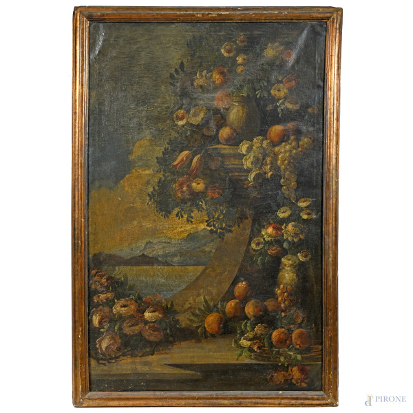 Natura morta con scorcio lacustre, XIX secolo, cm152,5x98, entro cornice, (segni di usura, cadute e sollevamenti di colore, abrasioni, lacerazioni)