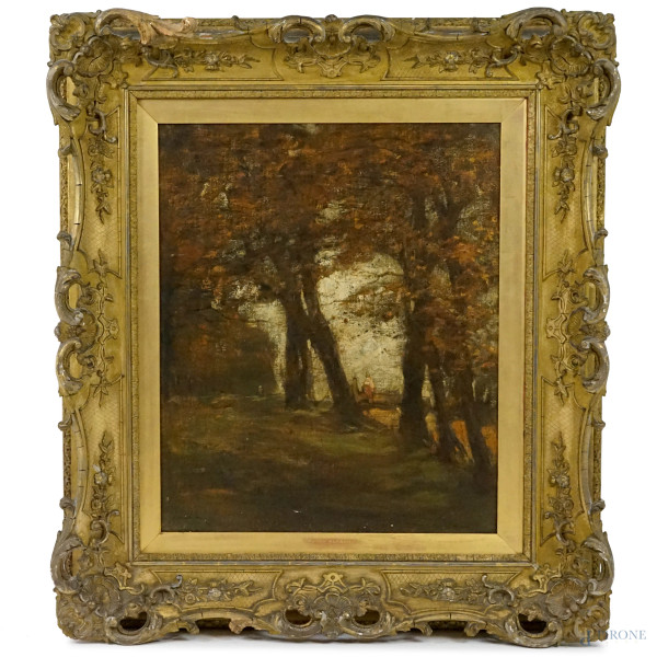 Henry  Muhrman - Through the Woods, olio su tela, cm 61x50,5, entro cornice.
