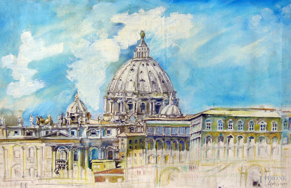 Veduta della Basilica di San Pietro a Roma, olio e tecnica mista su tela, anni 50, cm 57x37, firmato