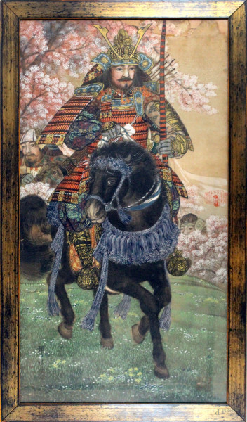 Pittore giapponese del XIX secolo, Samurai a cavallo, cm 87x47, firmato, entro cornice