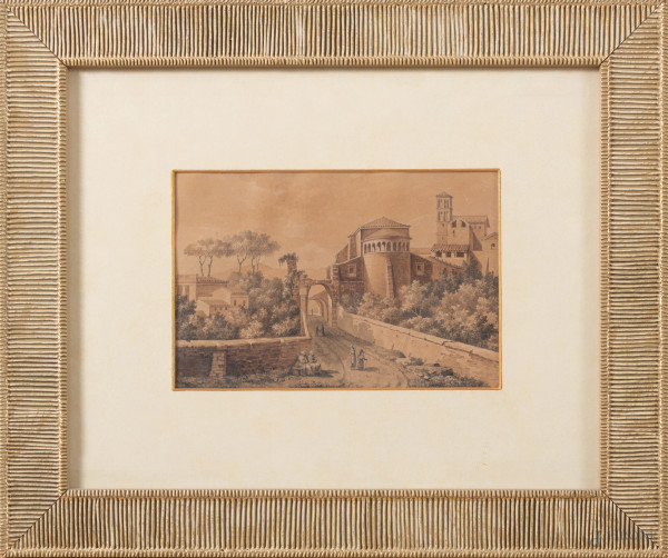 Scorcio del Clivio di Scauro, XIX secolo, tecnica mista su carta, cm 26x33 compreso passepartout, entro cornice, (lievi tracce di umidità, ondulazioni della carta)