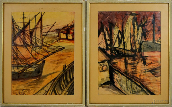 Scorci di porticciolo, coppia di dipinti ad acquarello su carta, cm 38x29, firmati, entro cornici.
