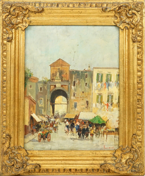 Porta Capuana - Napoli, olio su tavola, cm 29x22, firmato Ricciardi, entro cornice.