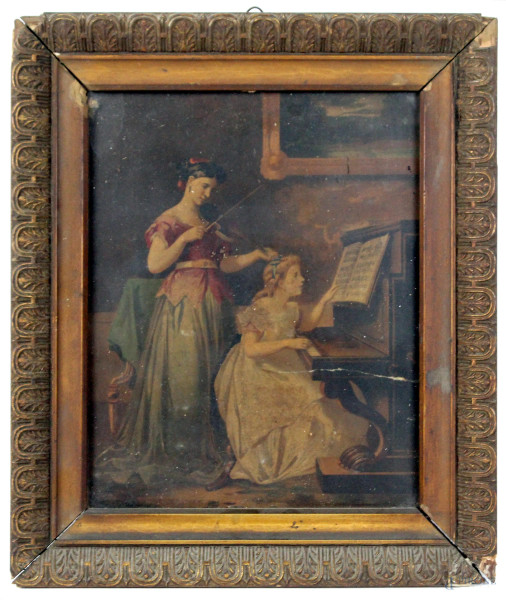 Lezione di musica, olio su cartoncino, cm. 25x20, inizi XX secolo, entro cornice.