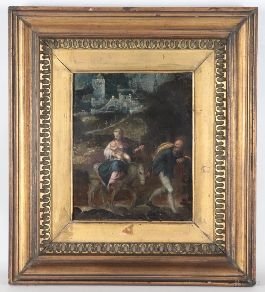 La fuga in Egitto, XVII-XVIII secolo, olio su tela applicata su tavola, cm 29x24, entro cornice, (segni di usura, abrasioni, difetti)