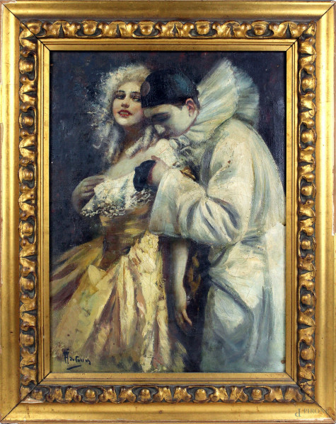 Figure in maschera, olio su tela, cm. 40x30, XX secolo, firmato, entro cornice.