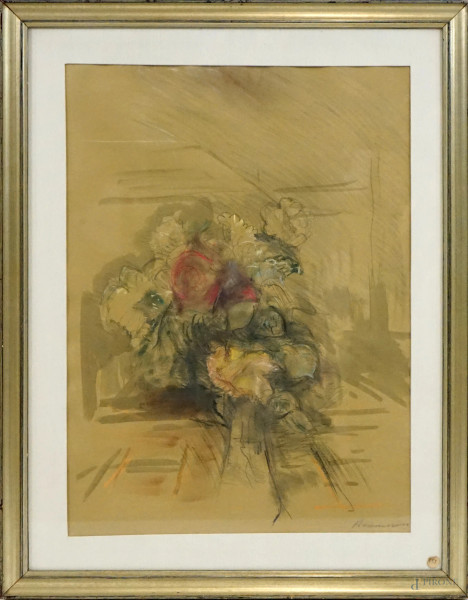 Alfonso Avanessian - Bouquet  di fiori, tecnica mista su carta, cm 68x48, entro cornice