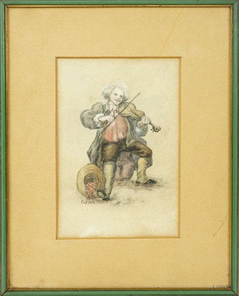 Il violinista, acquarello su carta, siglato e datato E.V.J. 1892, misure compreso il passepartout cm 33.5x26.5, entro cornice