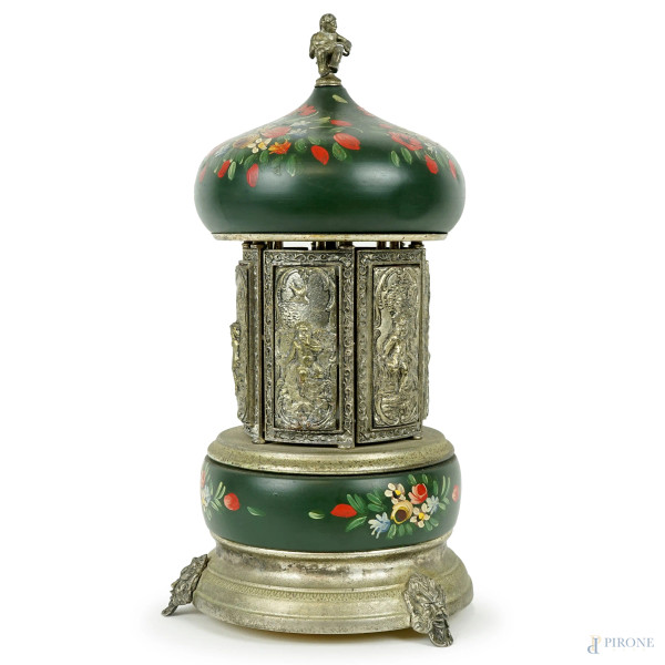 Portasigarette in ceramica e metallo argentato con carillon, marcato Reuge sotto la base, cm h 35, (difetti, segni del tempo)