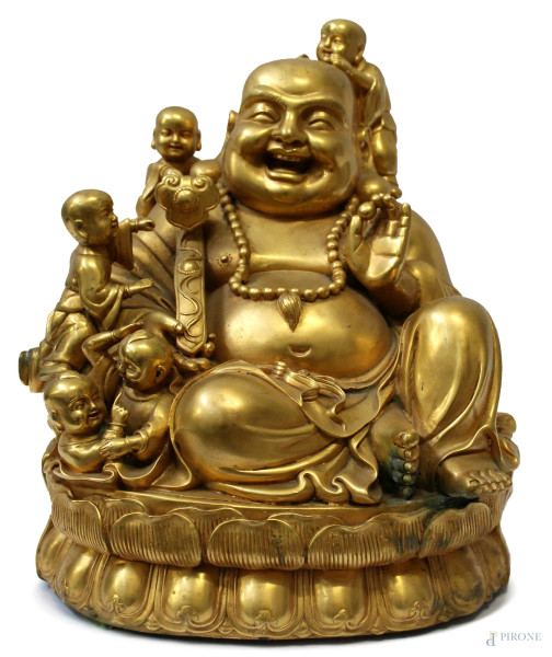 Buddha, scultura in bronzo dorato, h.30, firmato, XIX sec.