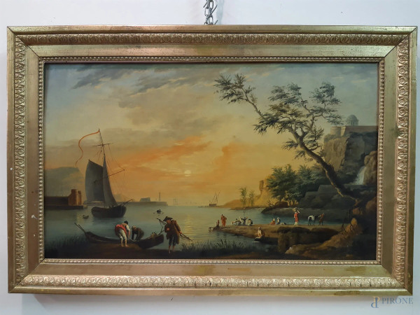 Paesaggio, dipinto ad olio su tavola 73x43 in cornice dorata.