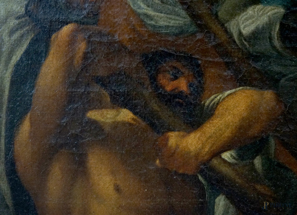 Pittore bolognese del XVII secolo, San Benedetto scaccia il diavolo, olio su tela, cm 145,5x97