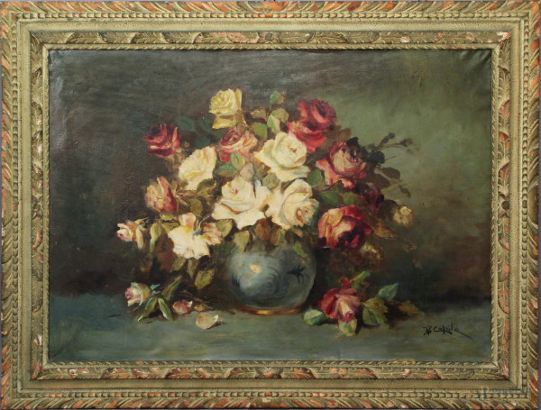 Natura morta, vaso con rose, olio su tela cm. 70x100, firmato entro cornice.