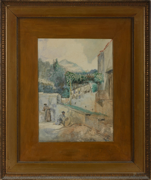Nel cortile, XIX - XX secolo, acquerello su carta, firmato in basso a destra, cm 49x39 compreso passepartout entro cornice, (ondulazioni della carta)