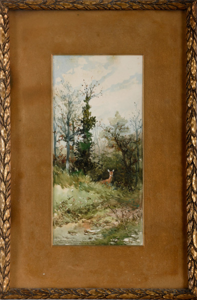 Attilio Stefanori, Cerbiatto, acquerello su carta, cm 34,5x17,5, (difetti)