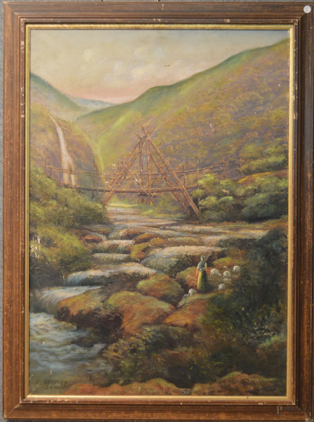 Paesaggio fluviale con ponte e figura, olio su tela, 70x100 cm, entro cornice (piccoli difetti alla tela).
