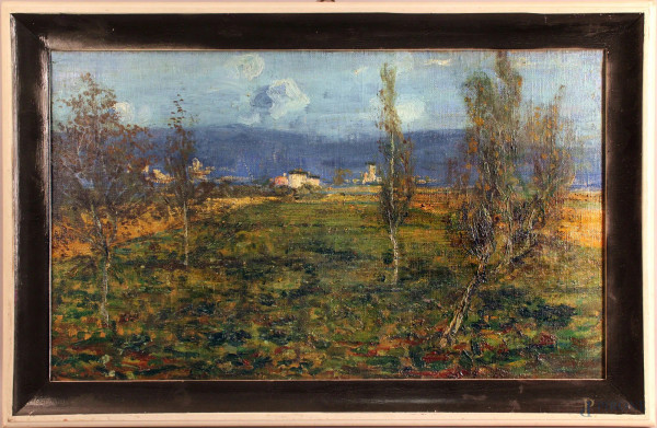 Paesaggio toscano, olio su tela, cm. 42x72, entro cornice.