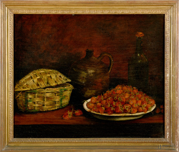 Natura morta con fragole, XX secolo, olio su tela, cm 46,5x56