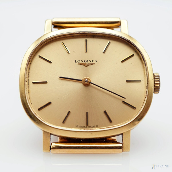 Longines, orologio da polso in oro giallo 18 kt, con quadrate ovale cm 2,6x3,2, peso lordo gr. 57...