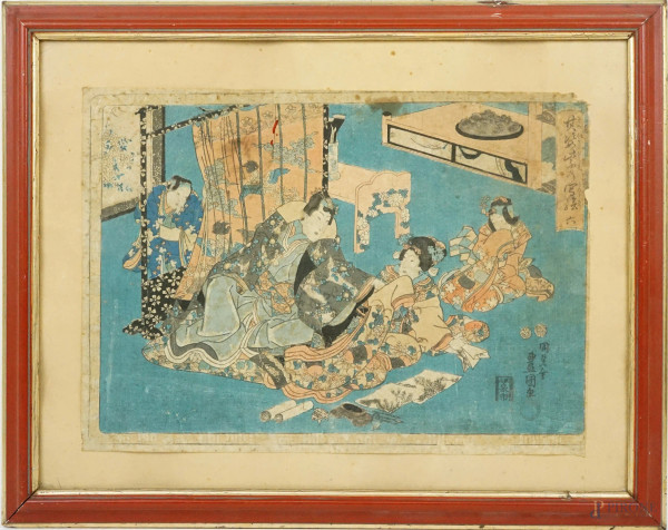 Gheisha e Samurai, stampa a colori, cm 25x35, Giappone, XIX secolo, entro cornice, (difetti).
