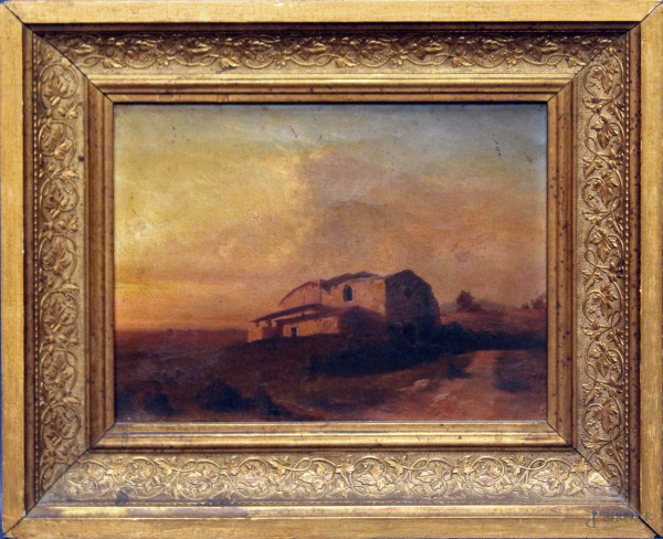 Paesaggio con casolare, olio su tela, cm 23x30, inizi XIX secolo, entro cornice