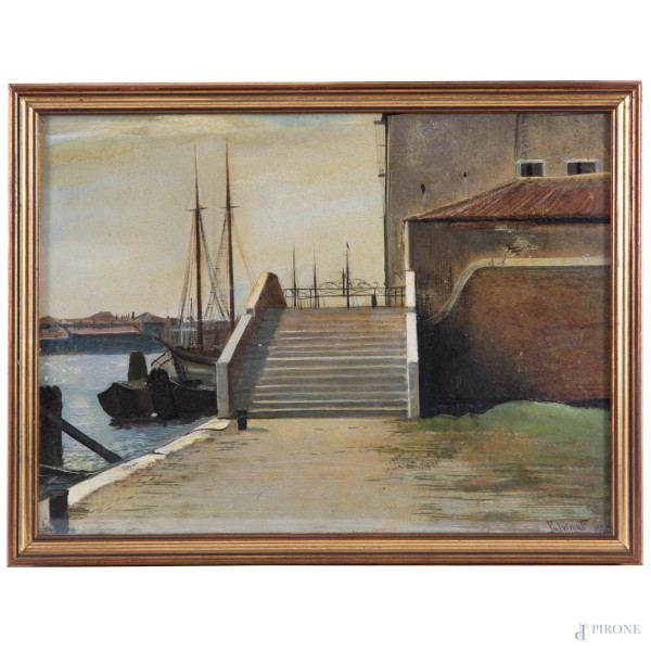 Coppia di dipinti raffiguranti porti, XX secolo, olio su cartone, cm 44,5x60,5, firmati e datati ...