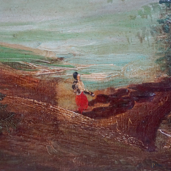 Paesaggio con ponte e viandante, olio su tela, XX secolo, cm 120x59,5, entro cornice