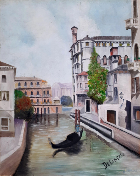 Maestro del Novecento, Canale di Venezia con gondola, olio su faesite, cm. 24x30, firmato, anni &#39;40.