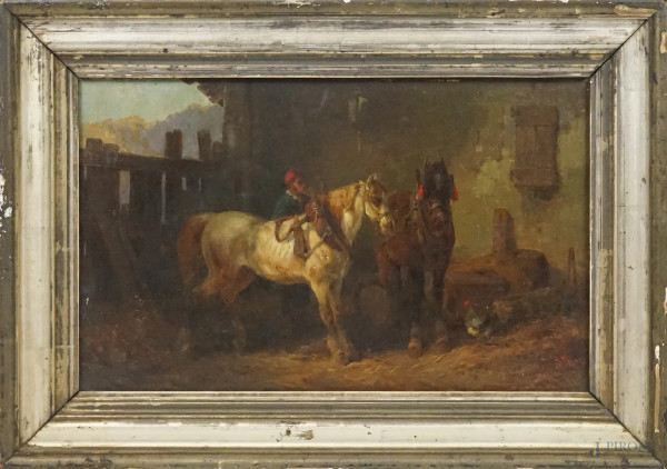Cavalli in riposo, olio su tavola, cm 25,5x4,, firmato S. Mazza, entro cornice