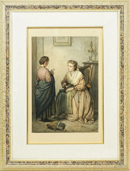 La lettura, acquarello su carta, cm 34,5x24, firmato e datato G. Stella 1866, entro cornice